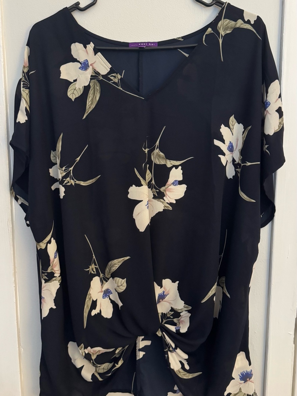 West Kei XXL Black Floral Twist Front Blouse Sheer Sleeve Tunic Top